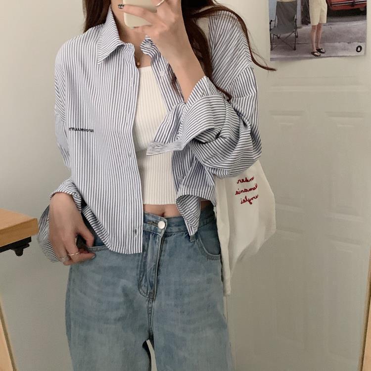 韩版高腰上衣女竖条纹短款刺绣衬衫慵懒风计感长袖防晒衬衣外套潮|undefined