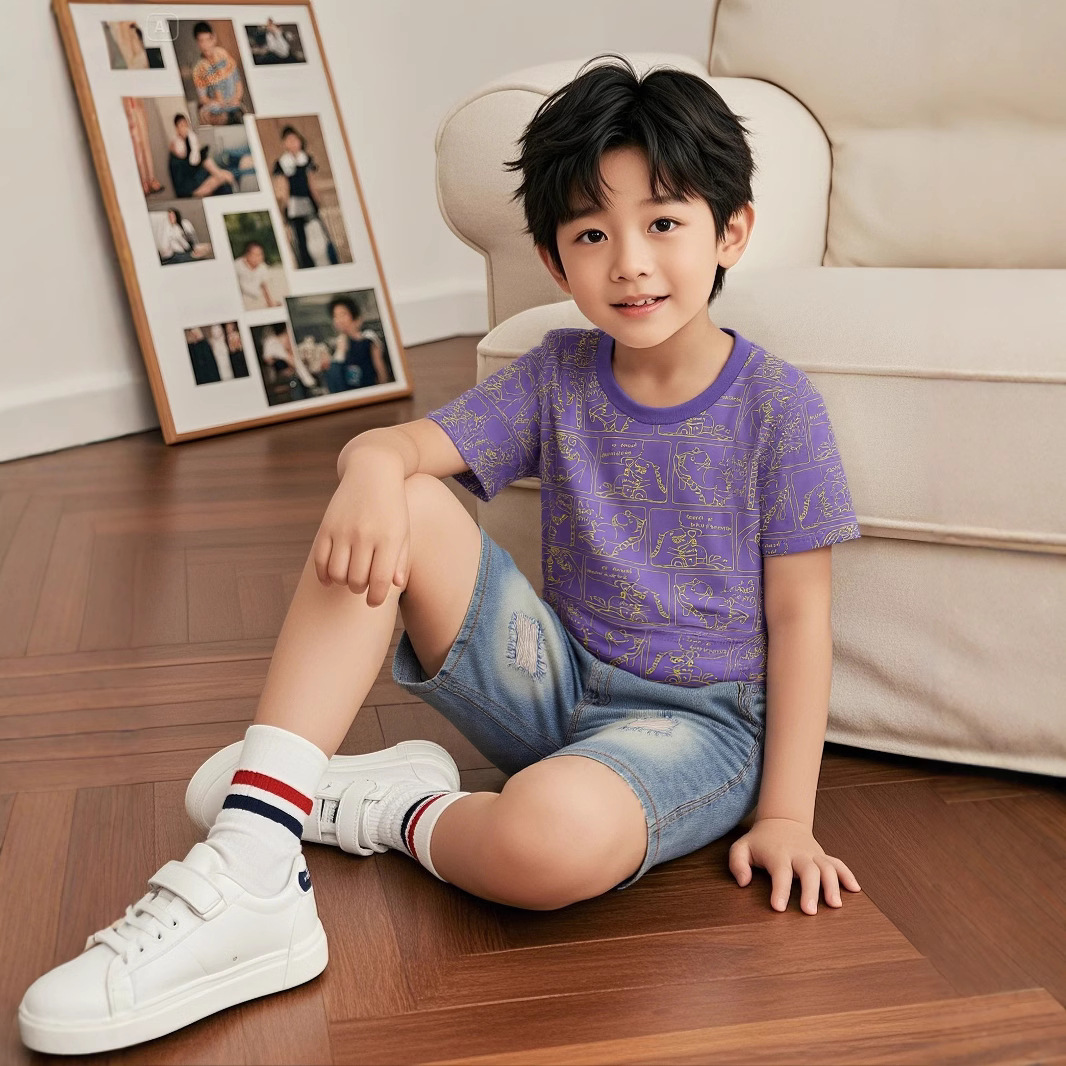 Children's clothing wholesale A summer children's suit 2025 new cartoon full print dinosaur short sleeve T-shirt boys summer suit