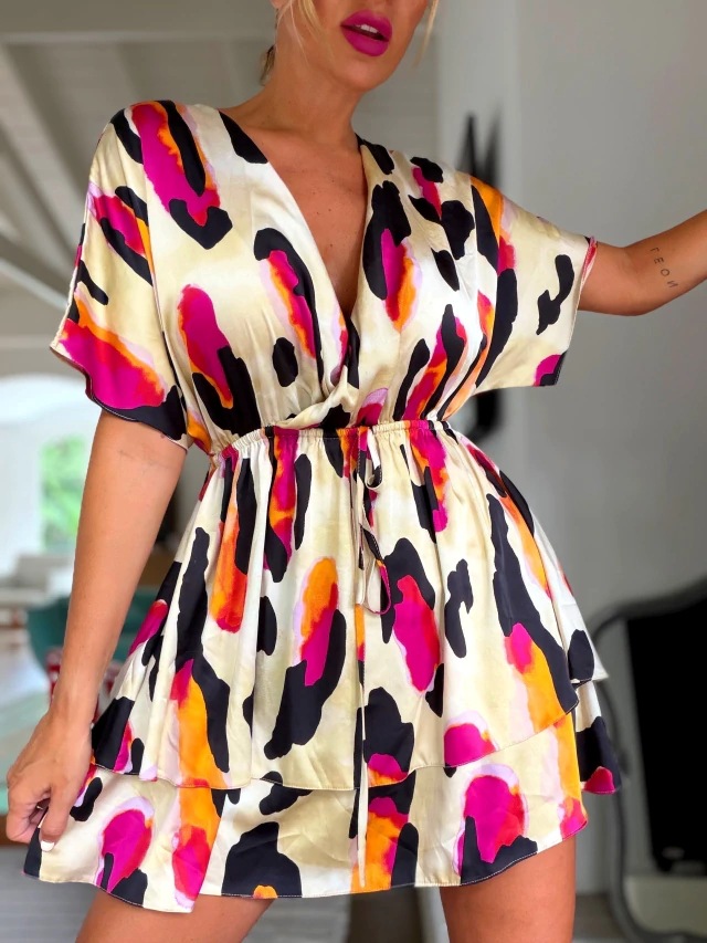 Abstract Print V-Neck Midi Dress With Tie Waist, Flowy Short Sleeve Summer Dress For Vacation & Casual Outings_ecoleips.com