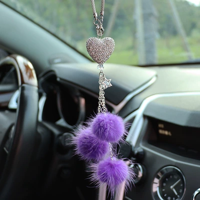 Car hanging pendant car pendant car interior - white-peach-heart-bright-purple-mink-hair