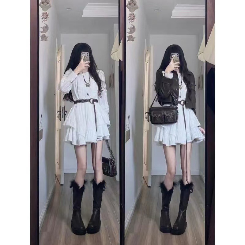 미국 클래식 레트로 바이커 다크 브라운 올 매치 가죽 자켓 젠틀 스타일 슬리밍 원피스 JQ