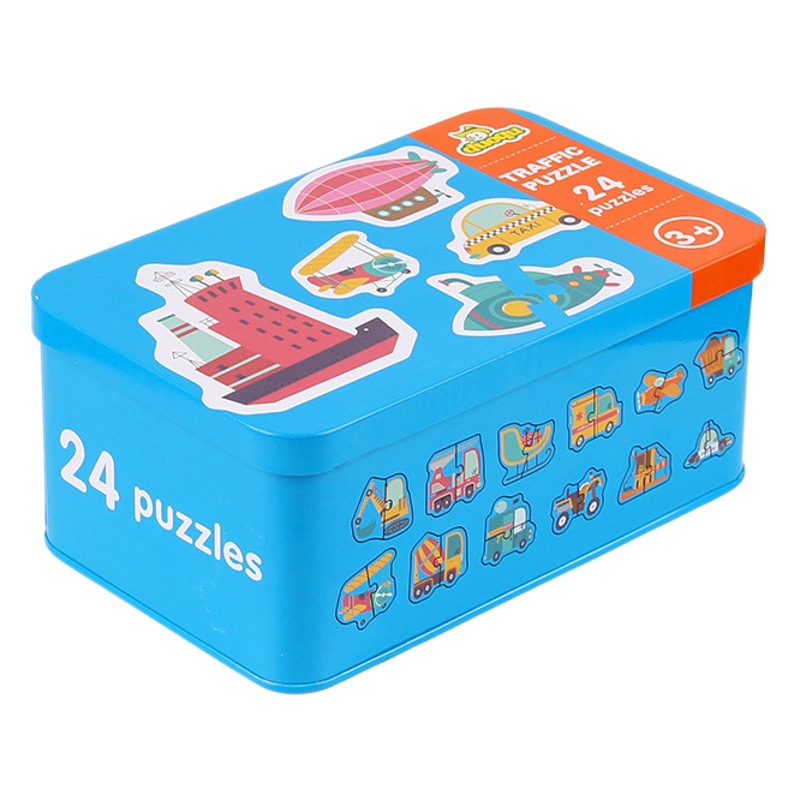 Forma de dibujos animados para niños con rompecabezas en caja de hierro juguetes de madera rompecabezas de educación temprana para bebés 1-3 años ejercicio cerebro