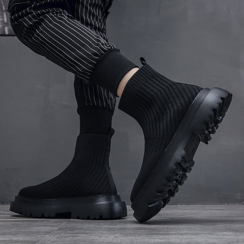 Men's Knit High-Cut New Thick Sole Mesh Breathable Fashion Trendy Street Shoes Wenzhou Shoes Fast Delivery