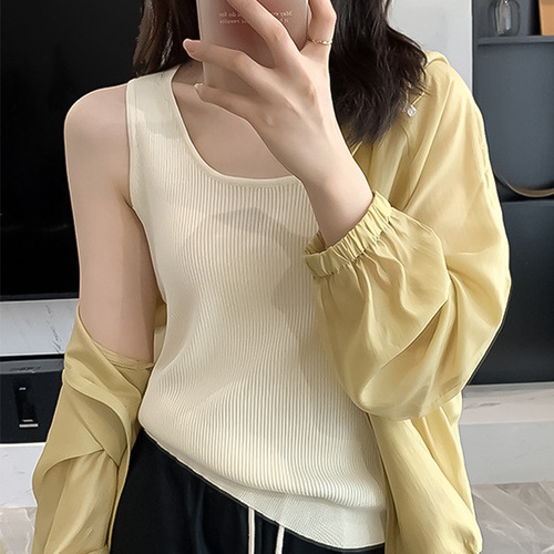 Korean-style U-shaped ribbed vest worn as an outer layer, summer ice silk layering base top for women, simple style sleeveless knitwear
