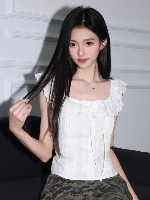 荷叶边法式白色无袖衬衫女夏季甜美修身衬衣温柔chic显瘦百搭上衣|undefined
