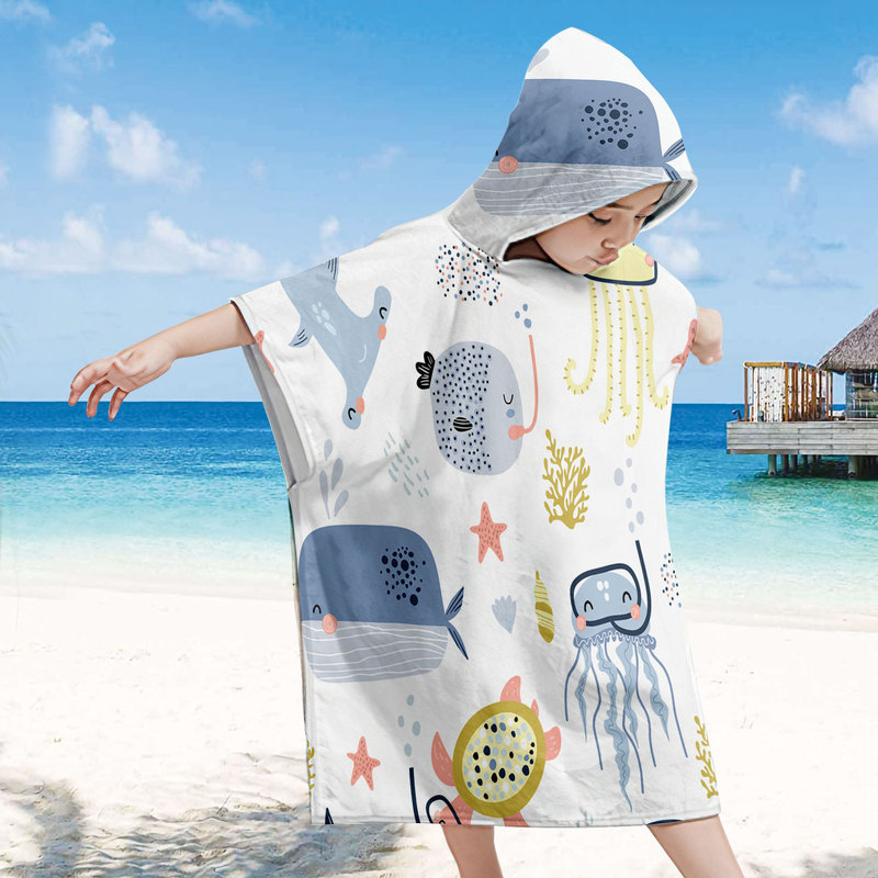 Ocean-Themed Children's Beach Hooded Cape, Beach Changing Towel, Swimwear, Printed Custom Bath Towel, Bathrobe