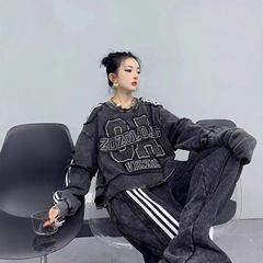 欧货卫衣女2025秋季新款个性洗水抄色棉字母刺绣贴布破洞宽松T恤