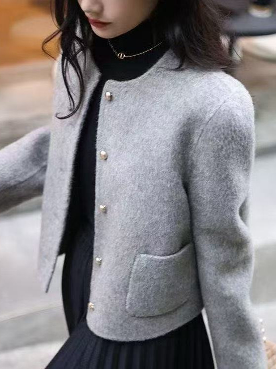 哥家商场同款女装2025秋季韩系灰色小香风外套女毛呢单面呢上衣|undefined