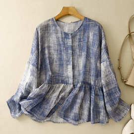 实拍现货秋季薄款晕染新中式禅意国风薄款开衫空调衫棉麻印花衬衫