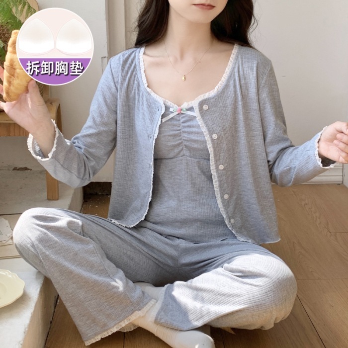 2025春夏季新款三件套6535棉带胸垫可拆卸背心+长袖+长裤女士睡衣|undefined
