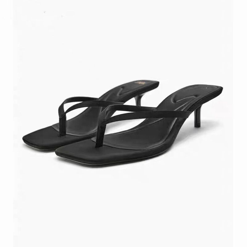 2026 New Chinese-Style Square-Toe Layered Black Crocodile-Pattern High-Heeled Flip-Flops, Popular Fairy Beach Super Soft Sandals