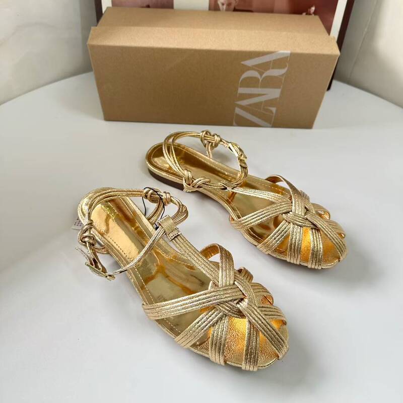 Za2025 New Summer Roman Shoes Round Toe Golden Soft Surface Woven Toe Cut Out Fashion Flats Women's Sandals