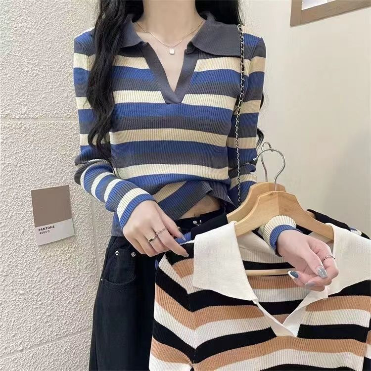 Colorful Polo Collar Long-Sleeved T-Shirt Women's Spring and Autumn Knitted Base Shirt Slim-Fit Slimming Inner High Waist Short Top Ins Colorful Polo Collar Long-Sleeved T-Shirt Women's Spring and Autumn Knitted Base Shirt Slim-Fit Slimming Inner High Waist Short Top Ins