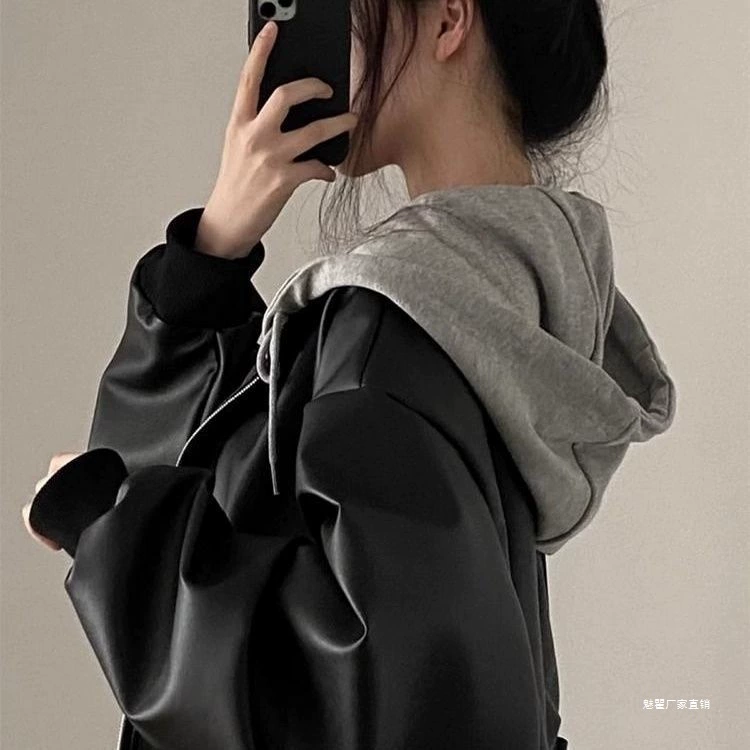 Короткая осенняя куртка с капюшоном, корейский oversize вестерн стиль, мягкая подкладка