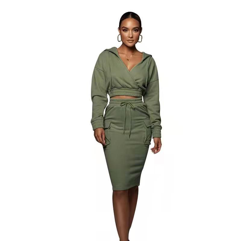 Women's Clothing 2024 autumn and winter solid color V neck hooded hip mid skirt women's urban casual long sleeved sweatshirt suit_voghion.com