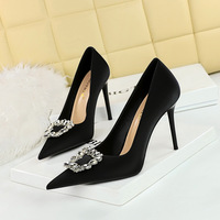 3265-K2 Korean Fashion Women's Shoes Super High Heel Thin Heel Shallow Notched Metal Rhinestone Button Single Shoe Women's High Heels