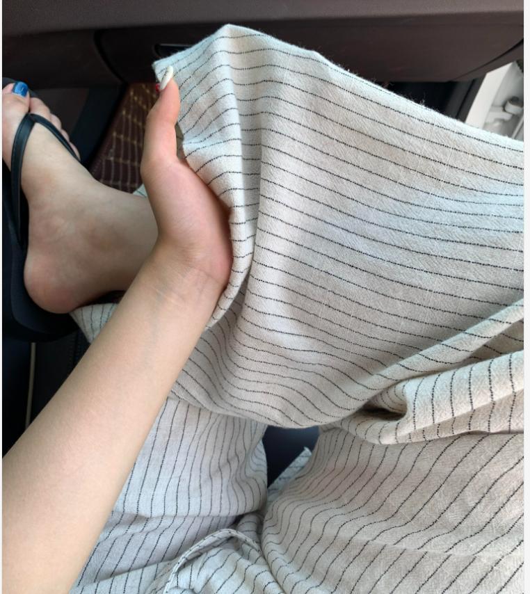 Quần culottes nữ ống rộng vải lanh pha cotton sọc kẻ eo cao dáng suông mùa hè — sọc chi tiết 2