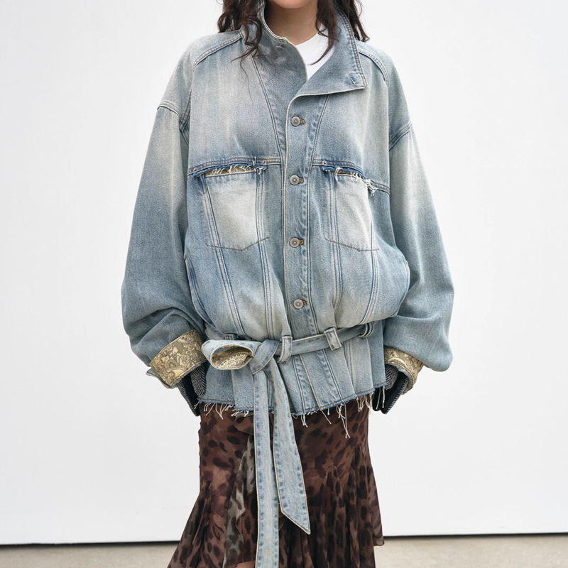 American Retro Niche Lazy Style Jacket Top for Women Early Autumn New Washed Loose Strap Distressed Denim Jacket