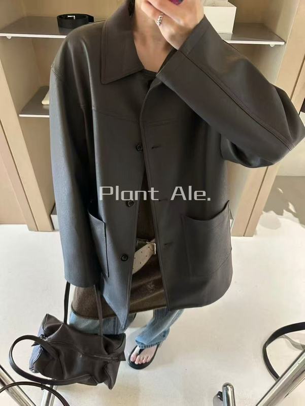 韩系高级感翻领中长款皮衣一2025秋季新款小众设计感外套女R8065|undefined