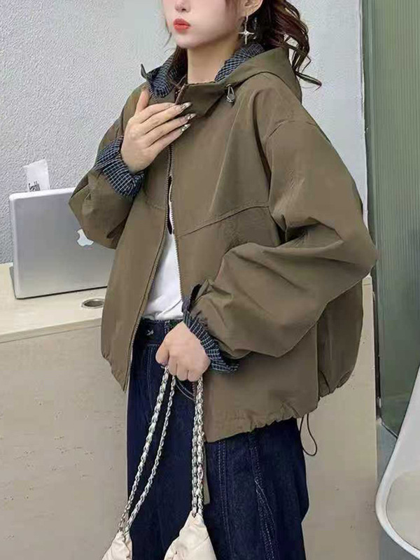 2025春季新款宽松大码连帽长袖工装风外套女 休闲百搭纯色棒球服|undefined