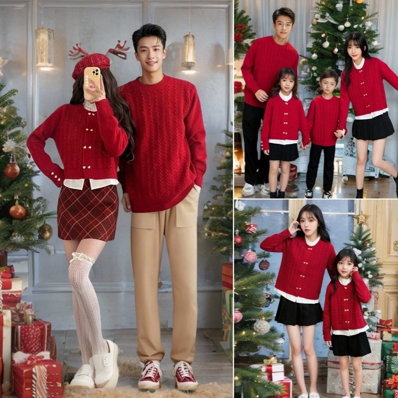 Красный свитер Ankora 2025, осенне-зимняя новая семейная одежда для мамы и дочки, элегантный воротник-стойка, искусственный комплект из двух предметов, праздничная куртка с новогодними поздравлениями