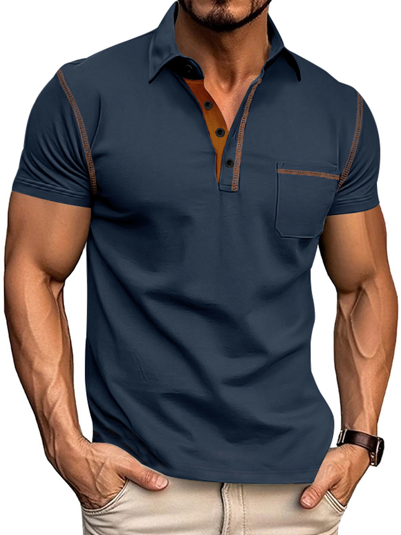 Troncal American TEMU Venta caliente Camisa Henry de manga corta para hombre Verano Deportes casuales Botón de color sólido Tapeta de apertura Polo