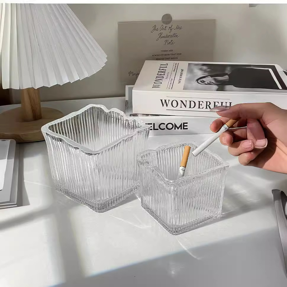 (2개) 간단한 줄무늬 유리 재떨이 거실 장식 재떨이 안티 플라이 애쉬 대용량 스퀘어 오피스 재떨이