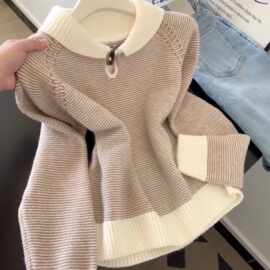撞色条纹牛角扣翻领毛衣女秋冬法式复古宽松加厚慵懒风套头针织衫