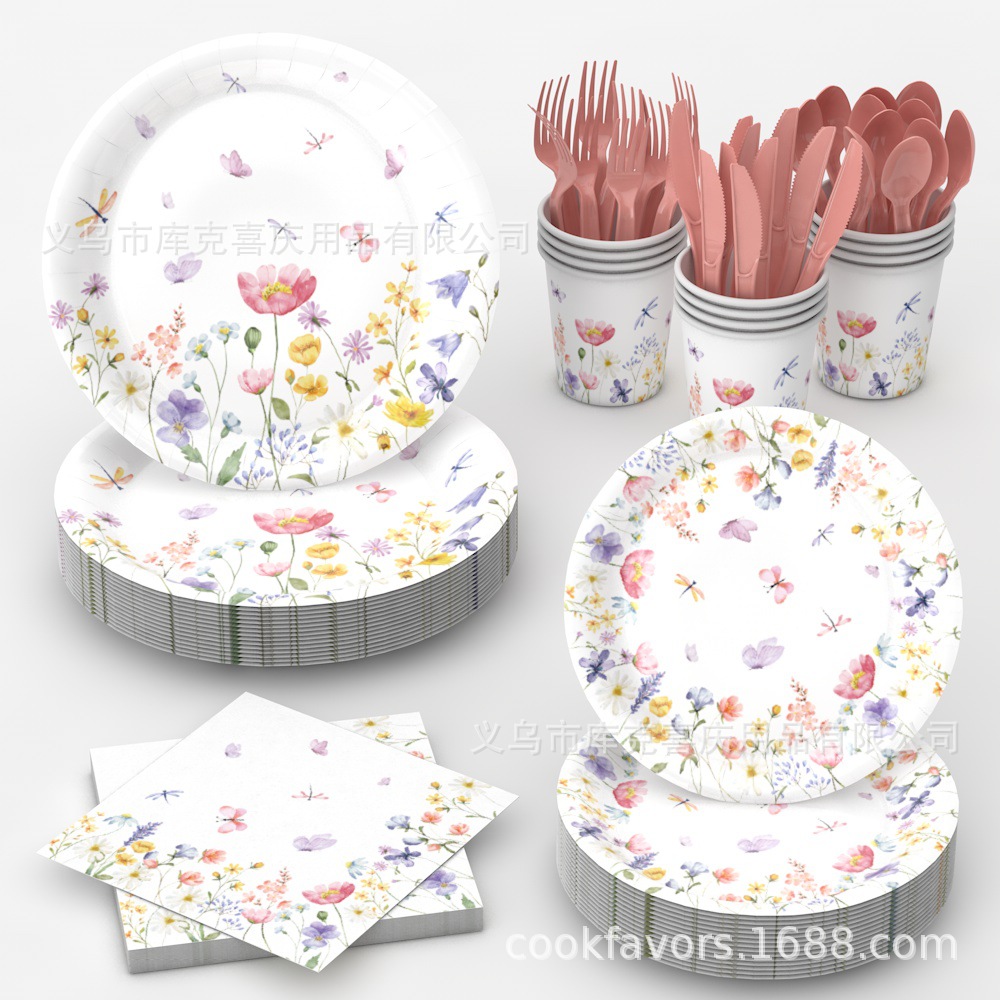 Nuevos platos de fiesta de flores silvestres cubiertos de fiesta de cumpleaños bandeja de papel desechable toallas de papel decoración de bandera