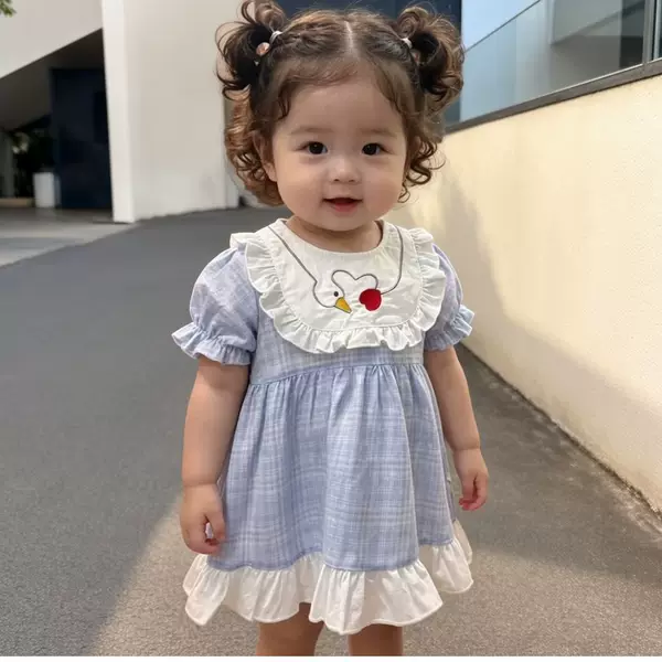 Summer Baby Girl Light Blue Plaid Bubble Dress Thin Short-Sleeve Romper for Infants and Toddlers