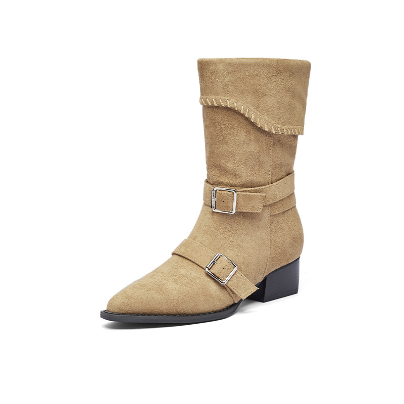 Augu Shi Deng marrón botas cortas mujeres 2025 nuevo otoño invierno botas Martin de talón grueso Meirard punta de moda botas de una sola