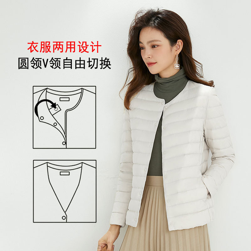 Nuevo chaqueta de plumón ligera para mujeres de invierno y otoño, chaqueta de cuello redondo de cuello en V, doble chaqueta corta grande y delgada