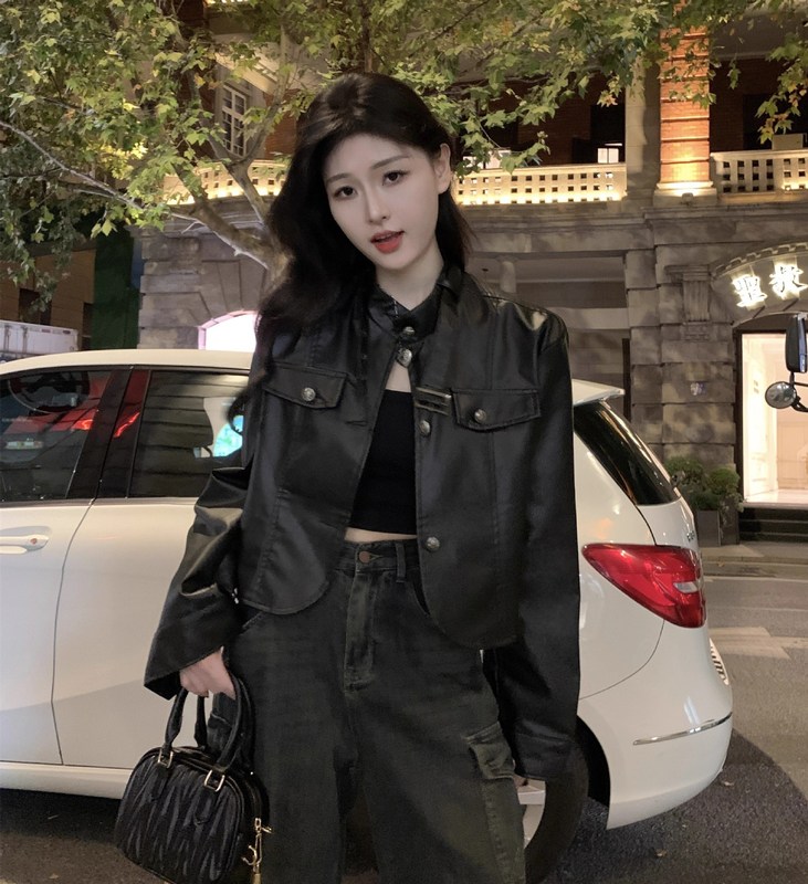 复古港风PU皮衣外套女秋季高街辣妹百搭休闲短款机车服夹克上衣潮|undefined