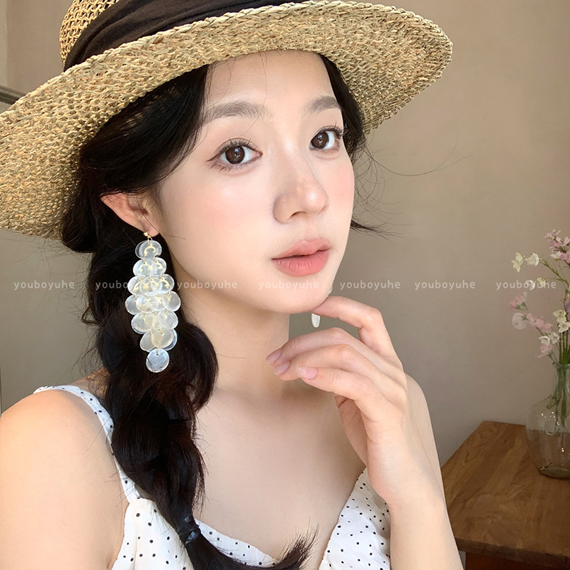 ミントグリーンの天然貝殻イヤリング、女性用、超妖精、美しい、ハイエンド、気質イヤリング、ニッチなロングタッセルイヤリング|undefined