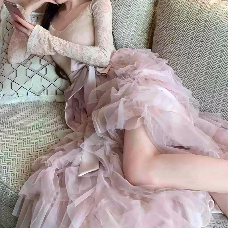 Elegant Ballet Pink Lychee Dance~Retro French Lace Fluffy Cake Skirt Dress (Plus Velvet) Autumn and Winter Elegant Ballet Pink Lychee Dance~Retro French Lace Fluffy Cake Skirt Dress (Plus Velvet) Autumn and Winter