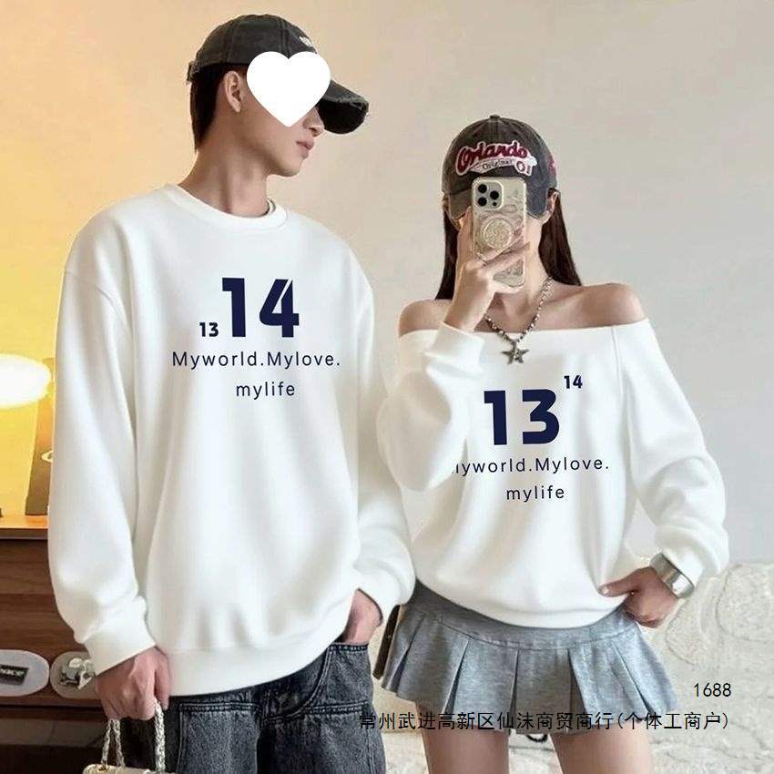 American-style couple's hoodie, off-shoulder sweatshirt, casual, number and letter print, fashionable hoodless top, other basic styles.