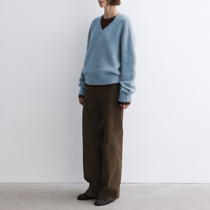 프랑스 스타일 우아한 풀오버 스웨터 여성의 V 넥 기모 따뜻한 토끼 모피 탑 봄과 가을 새로운 느슨한 단색 스웨터