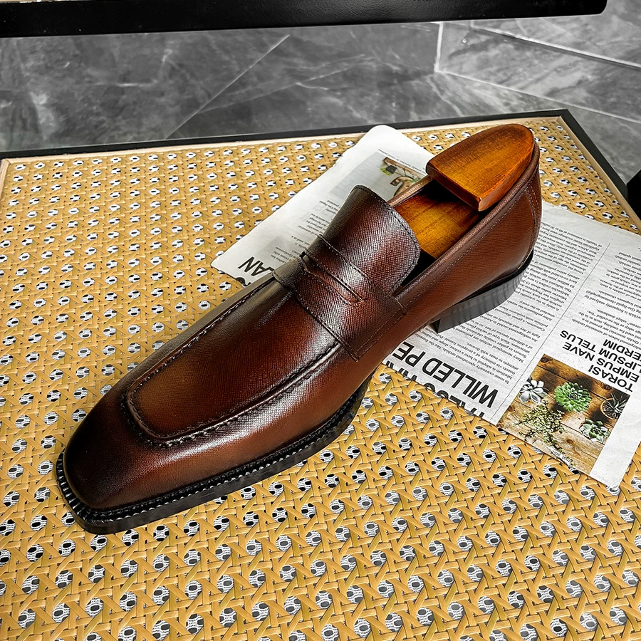 Мужские кожаные туфли ручной работы, деловые слипоны из воловьей кожи с бобовым носком, повседневная кожаная обувь, лоферы, слипоны.