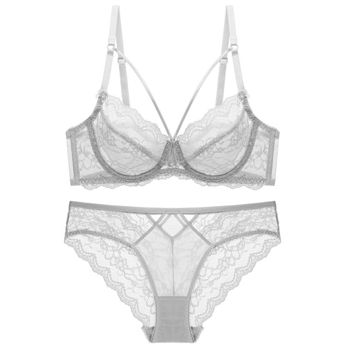 Sexy lace underwear, big breasts, anti-sagging, large size bra set, ultra-thin sponge-free transparent bra