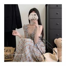2025夏季法式气质小飞袖A字长裙小众复古撞色格纹雪纺连衣裙女装
