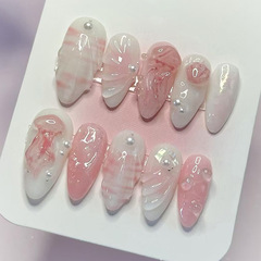 立体贝壳纹水母珍珠晕染温柔清甜气质欧美ins风可拆卸美甲24片