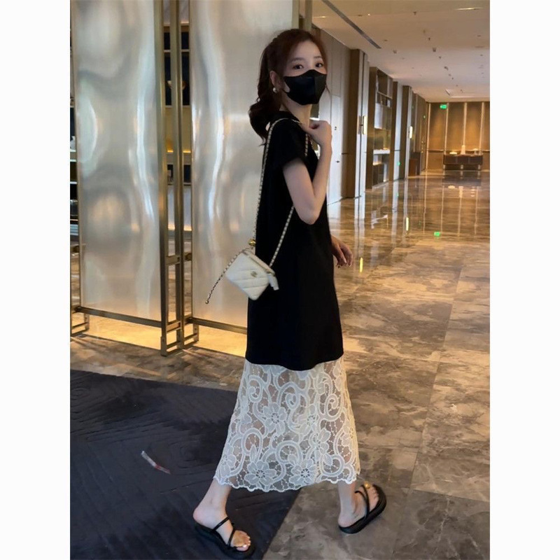 Korean Style See-Through Layered Mid-Length Dress Lace Curtain Two-Piece Short-Sleeved Mesh Heavy-Duty Suit Swing Skirt for Women