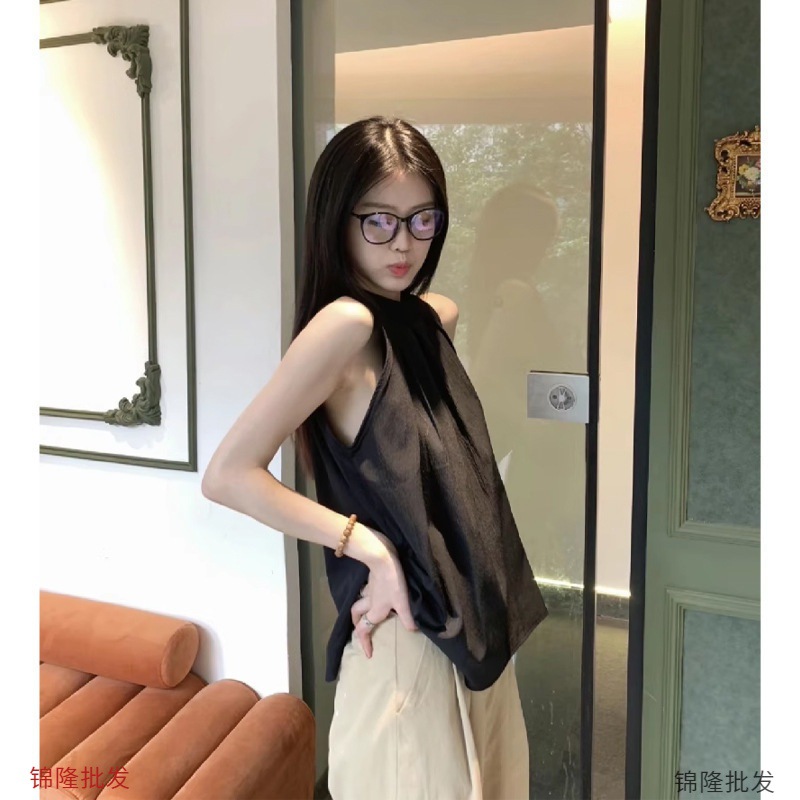 黑色圆领挂脖无袖衬衫女款夏季设计感小众气质甜美减龄娃娃衫上衣