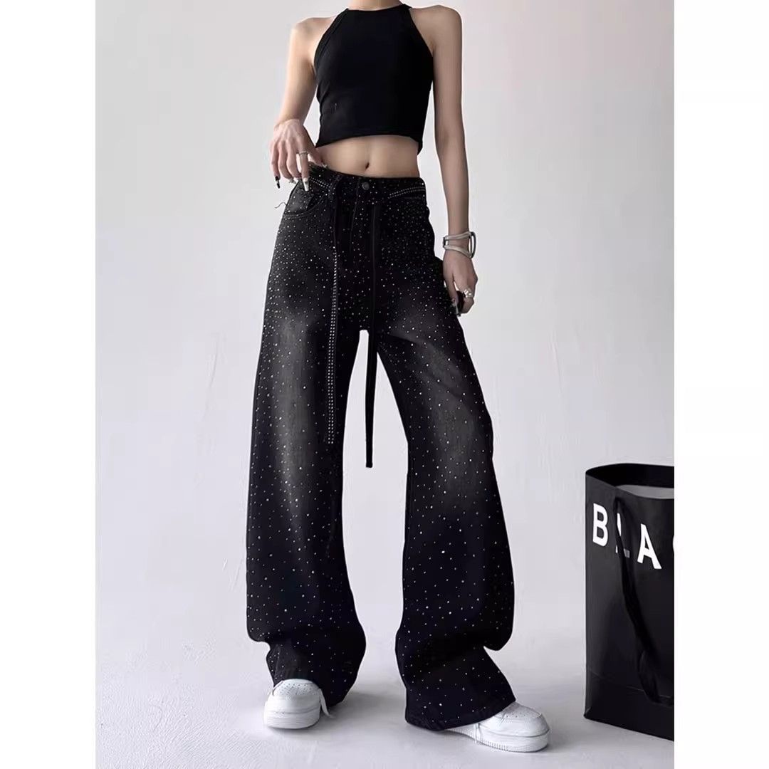 ​​Glam Distressed Wide-Leg Jeans For Women – Dark Gray Star & Diamond Embellished Denim Pants (S-2XL)​​_mkmklike.com