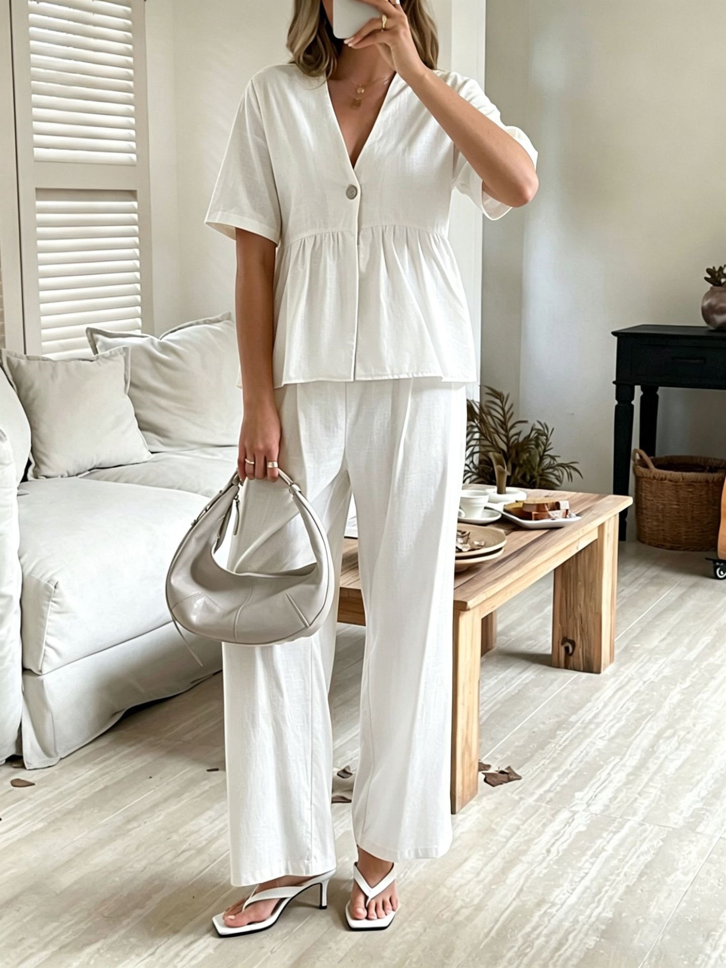 Women's Clothing Fashion Elegant Two Piece Set V Neck Loose Short Sleeved Top And Wide Leg Pants For Formal & Casual For Women_ecoleips.com