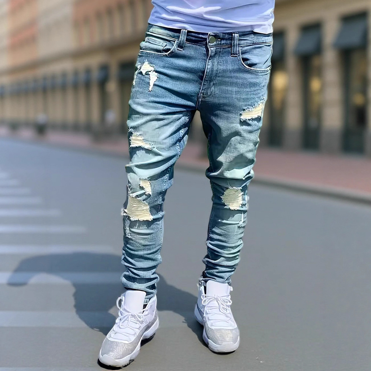 Slim Fit Men's Distressed Jeans Mid Waist Blue Cotton Casual Straight Pants With Slight Stretch For Spring Autumn_mkmklike.com
