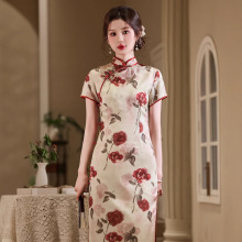 贝之韵红色提花缎复古短袖旗袍2025年春季新款改良新中式日常可穿
