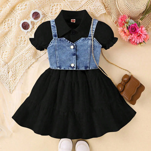 Baopin foreign trade Europe and the United States summer new girls suit solid color bubble sleeve dress strap vest two-piece set