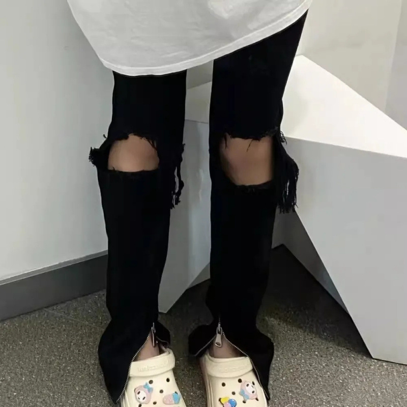 Vintage High Street Ripped Knee Jeans for Women 2026 Spring/Summer Slim Fit Split Straight Pants Ins Trend
