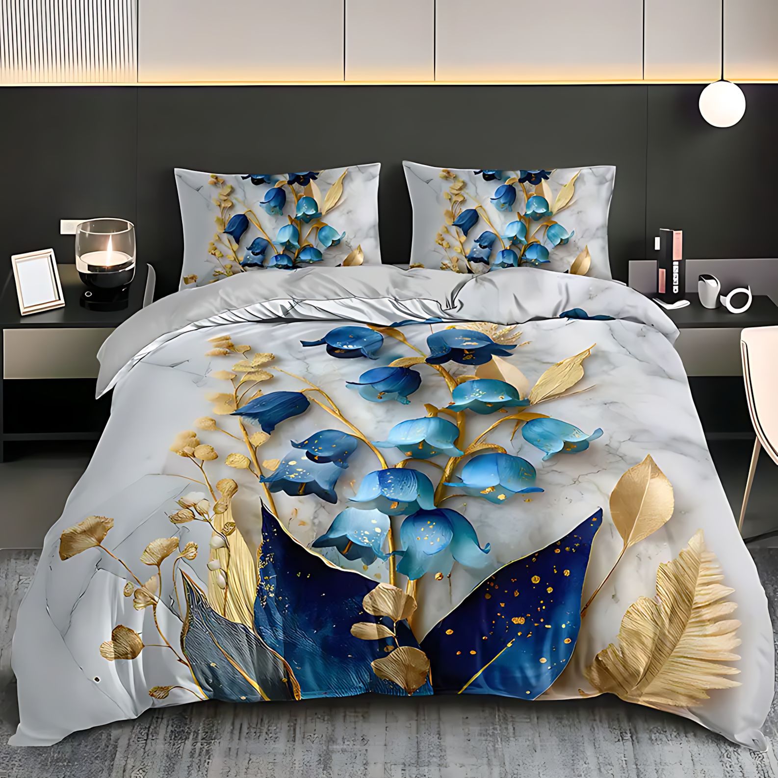 TEMU / JIT transfronterizo set de colcha azul planta floral diseño de impresión digital fuente de ropa de cama fabricantes